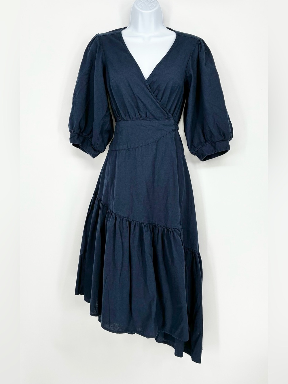 Free People Blue Cotton Linen Puff Sleeve Asymmetric Hem Wrap Dress Size XS